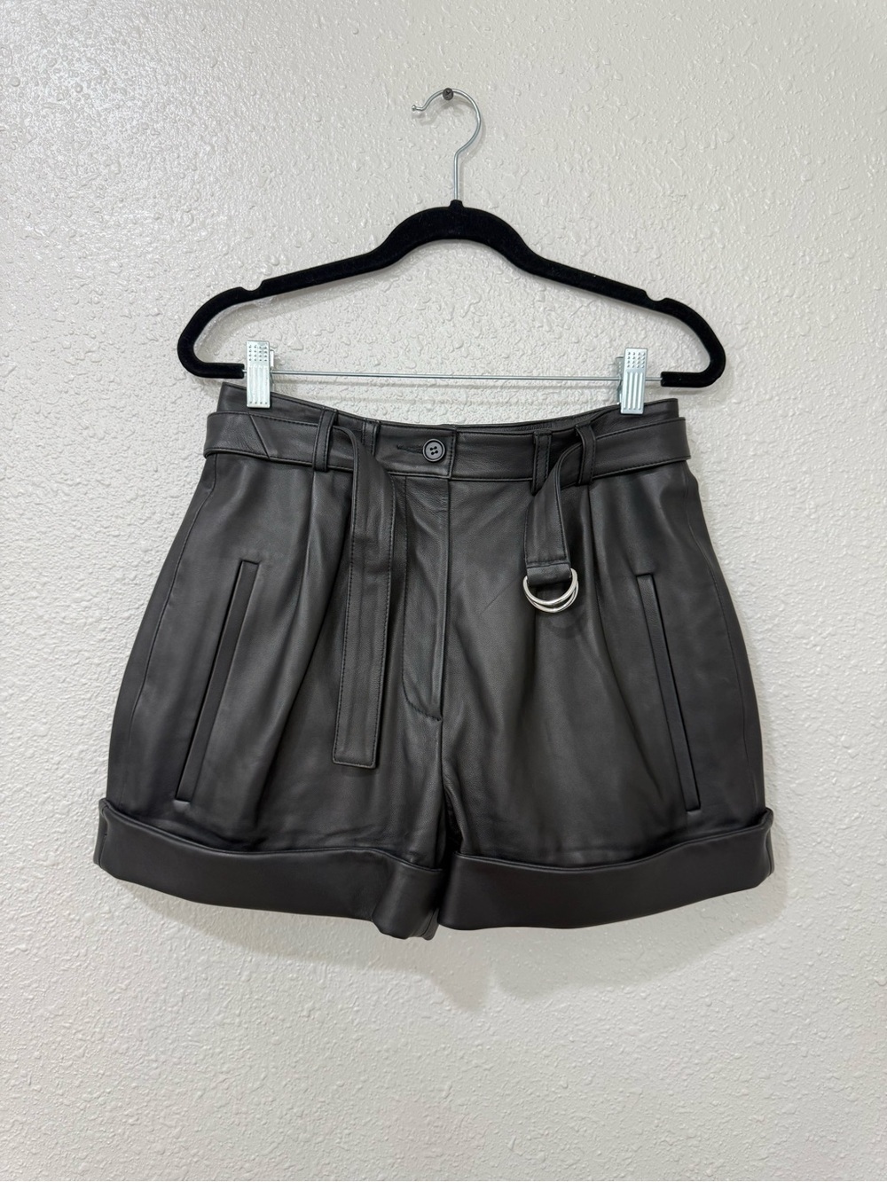 Robert Rodriguez Genuine Leather High Rise Pleated Shorts Belted Black Size 2-4